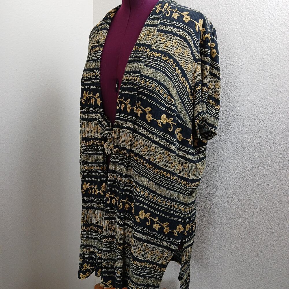 Studio I short-sleeve duster jacket 18W navy black gold repaired open tie front